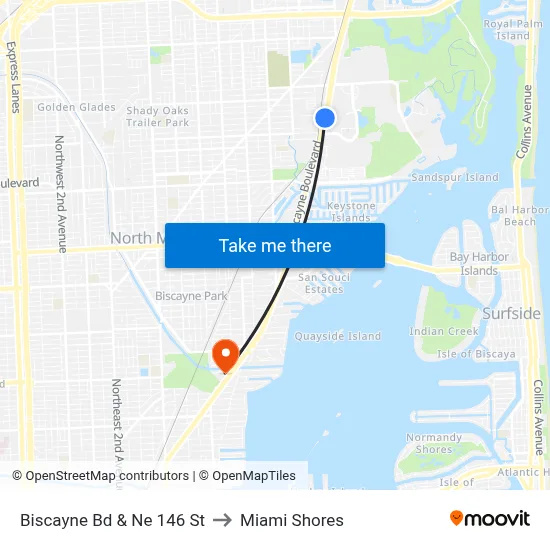 Biscayne Bd & Ne 146 St to Miami Shores map