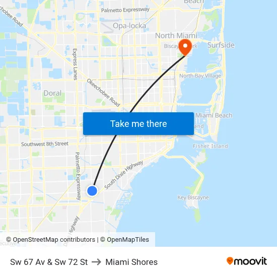 Sw 67 Av & Sw 72 St to Miami Shores map