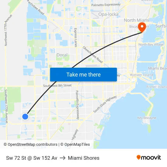 Sw 72 St @ Sw 152 Av to Miami Shores map