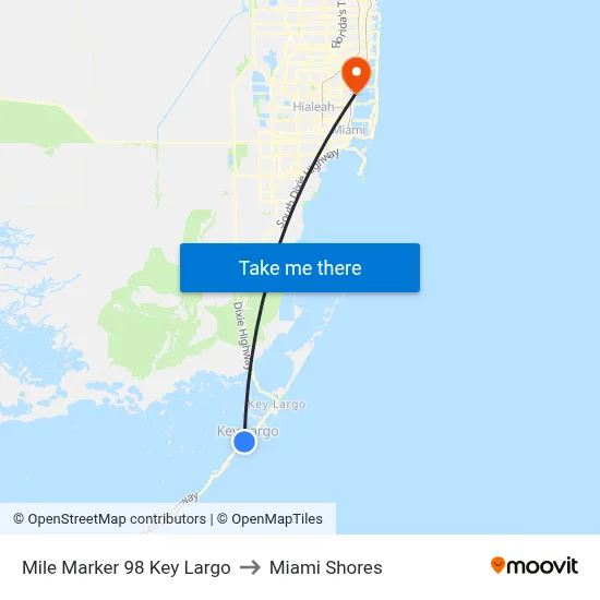 Mile Marker 98 Key Largo to Miami Shores map