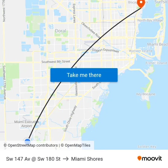 Sw 147 Av @ Sw 180 St to Miami Shores map