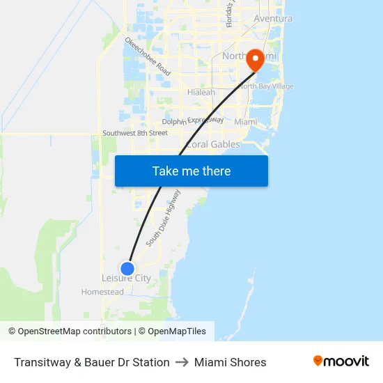 Transitway & Bauer Dr Station to Miami Shores map