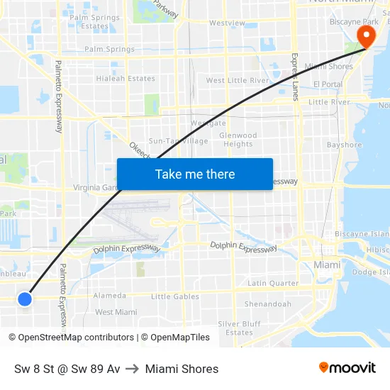 Sw 8 St @ Sw 89 Av to Miami Shores map