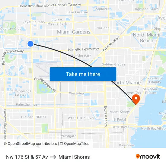 Nw 176 St & 57 Av to Miami Shores map