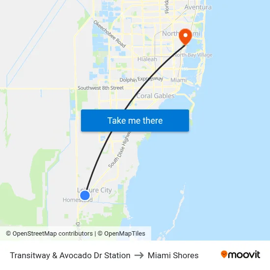 Transitway & Avocado Dr Station to Miami Shores map