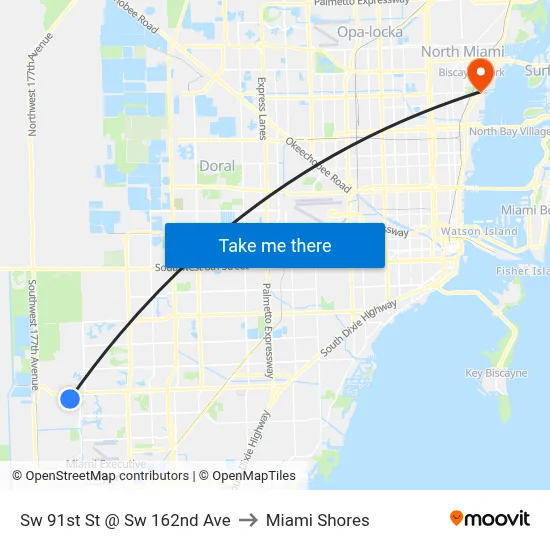 Sw 91st St @ Sw 162nd Ave to Miami Shores map