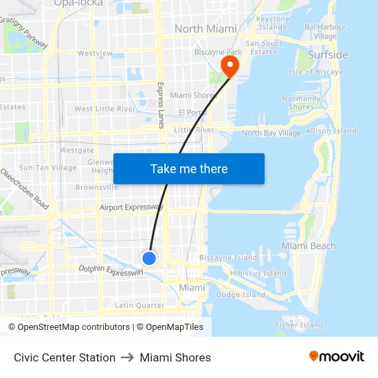 Civic Center Station to Miami Shores map