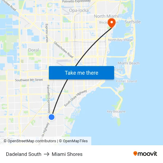 Dadeland South to Miami Shores map