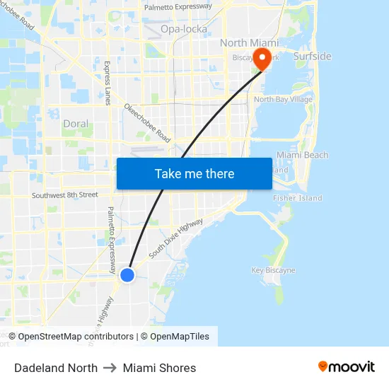 Dadeland North to Miami Shores map