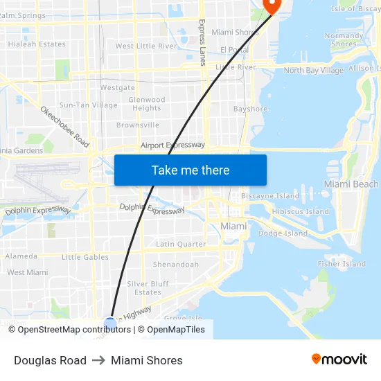 Douglas Road to Miami Shores map