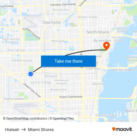 Hialeah to Miami Shores map