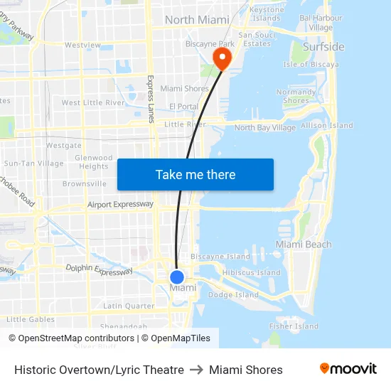 Historic Overtown/Lyric Theatre to Miami Shores map