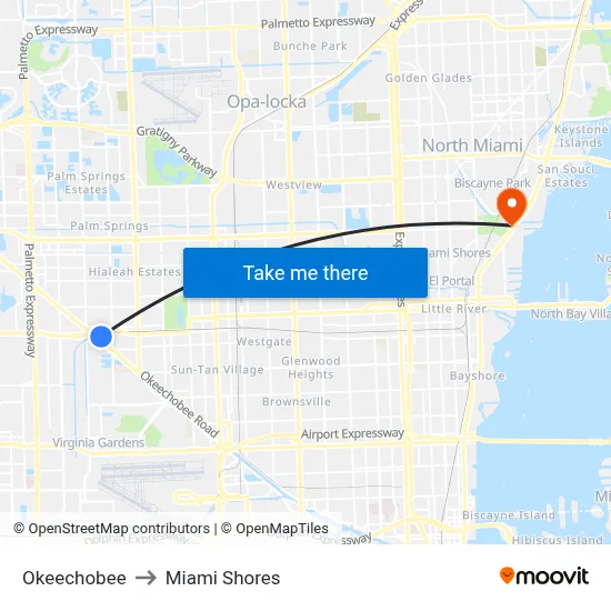 Okeechobee to Miami Shores map