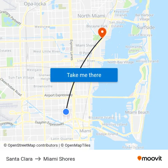 Santa Clara to Miami Shores map