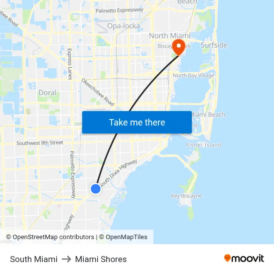 South Miami to Miami Shores map