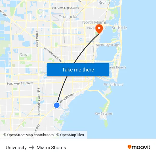 University to Miami Shores map