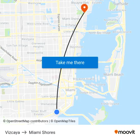 Vizcaya to Miami Shores map