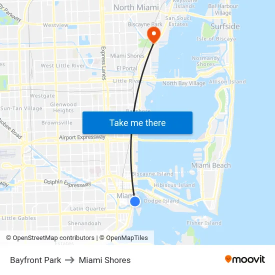 Bayfront Park to Miami Shores map