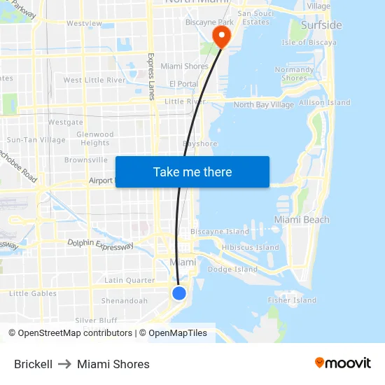 Brickell to Miami Shores map