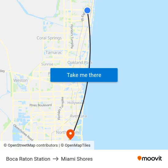 Boca Raton Station to Miami Shores map