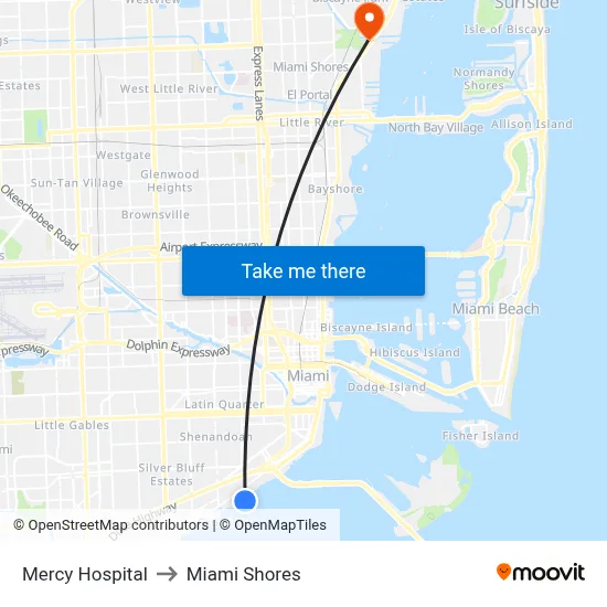 Mercy Hospital to Miami Shores map