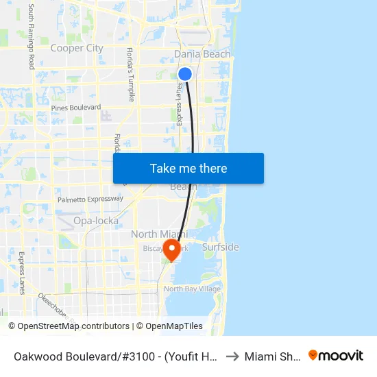 Oakwood Boulevard/#3100 - (Youfit Health Club) to Miami Shores map
