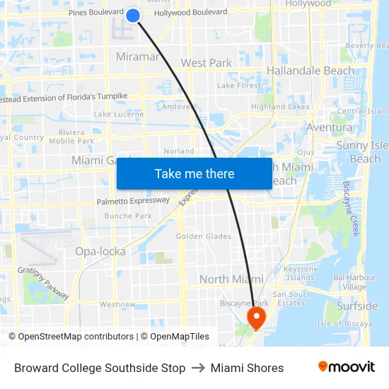 Broward College Southside Stop to Miami Shores map