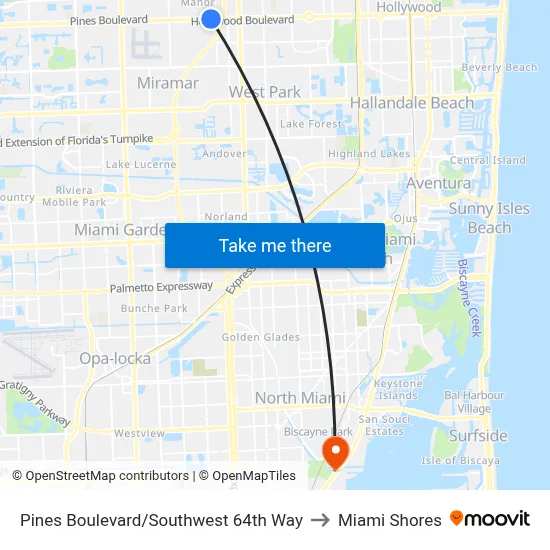 Pines Boulevard/Southwest 64th Way to Miami Shores map