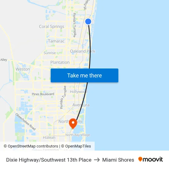 Dixie Highway/Southwest 13th Place to Miami Shores map