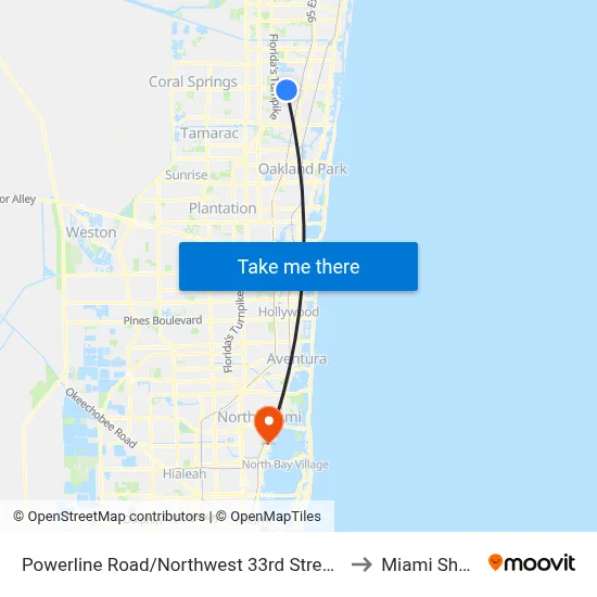 Powerline Road/Northwest 33rd Street South to Miami Shores map