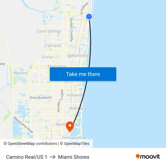 Camino Real/US 1 to Miami Shores map