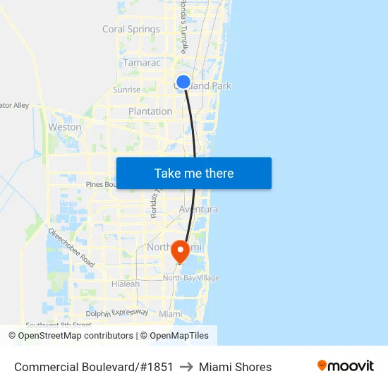 Commercial Boulevard/#1851 to Miami Shores map