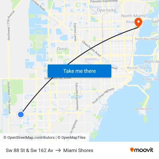 Sw 88 St & Sw 162 Av to Miami Shores map