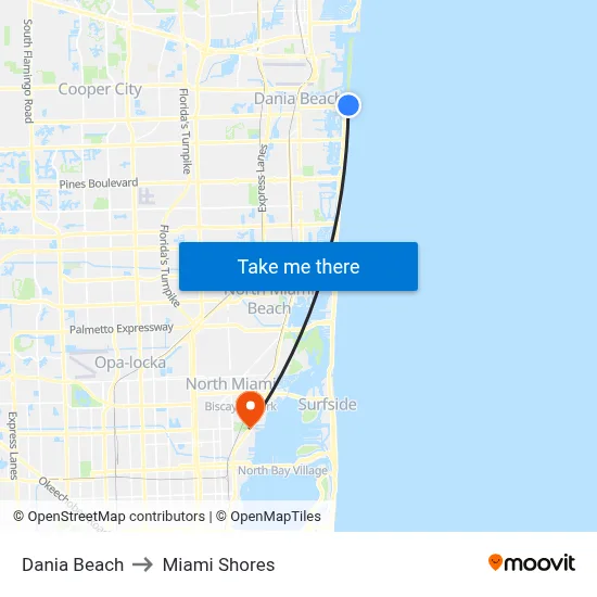 Dania Beach to Miami Shores map