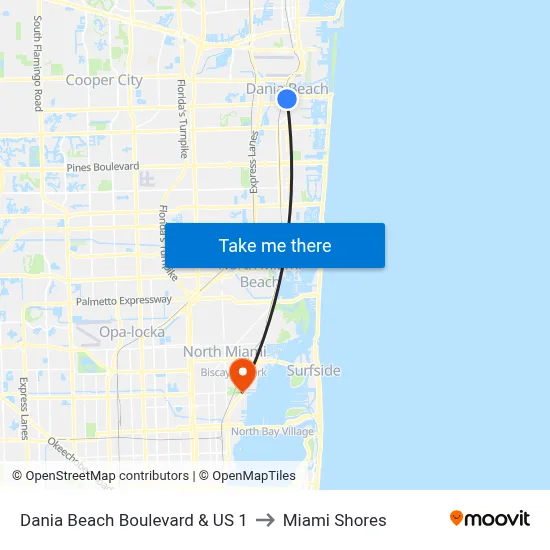 Dania Beach Boulevard & US 1 to Miami Shores map
