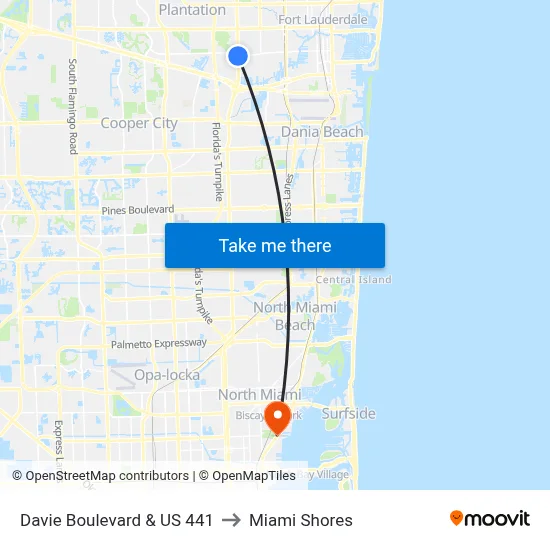 Davie Boulevard & US 441 to Miami Shores map