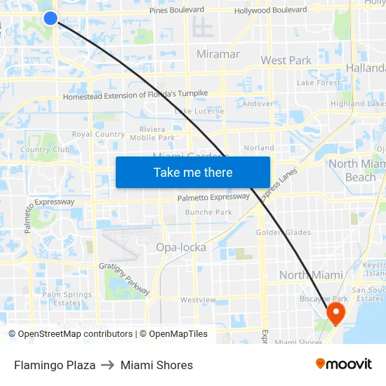 Flamingo Plaza to Miami Shores map