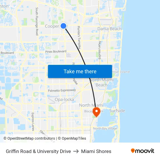 Griffin Road & University Drive to Miami Shores map
