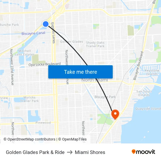 Golden Glades Park & Ride to Miami Shores map