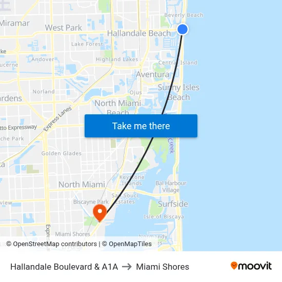 Hallandale Boulevard & A1A to Miami Shores map
