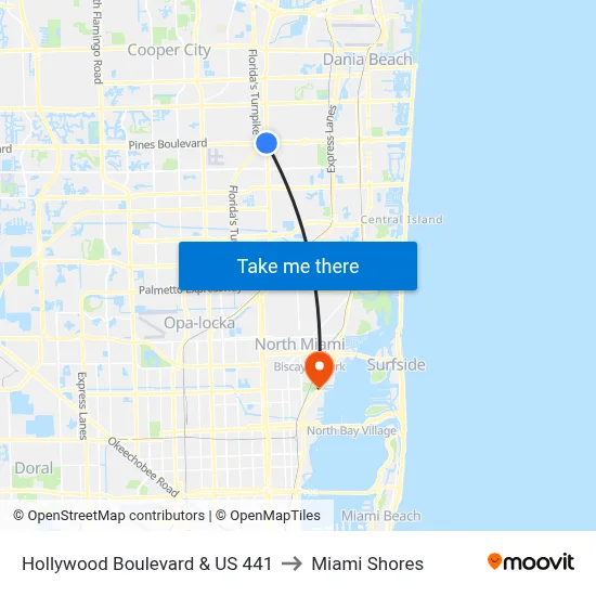 Hollywood Boulevard & US 441 to Miami Shores map
