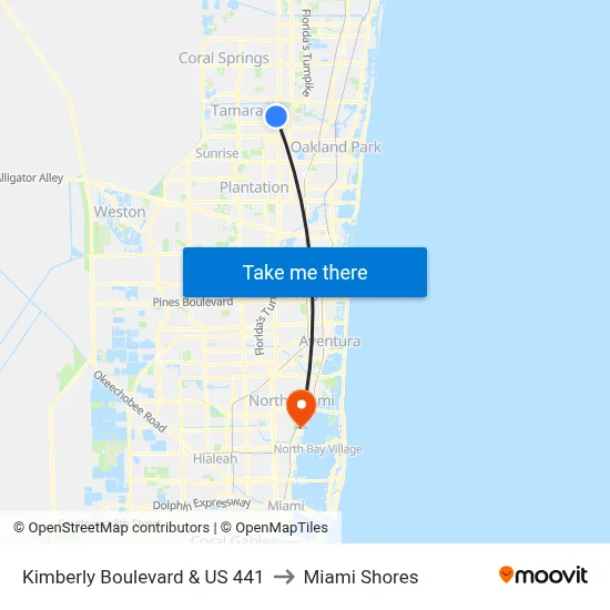 Kimberly Boulevard & US 441 to Miami Shores map