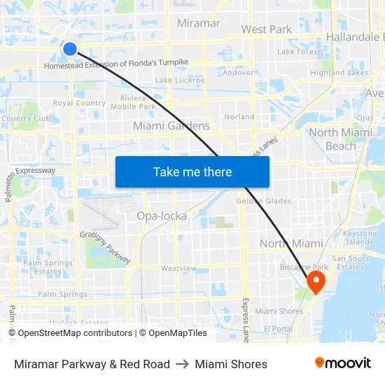 Miramar Parkway & Red Road to Miami Shores map