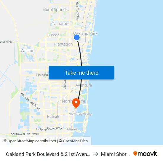 Oakland Park Boulevard & 21st Avenue to Miami Shores map