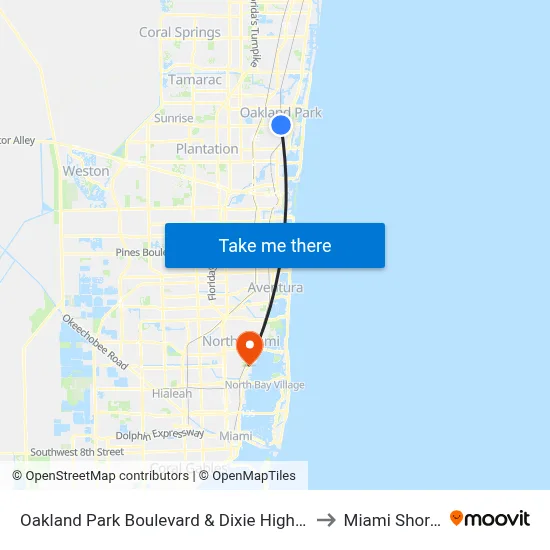 Oakland Park Boulevard & Dixie Highway to Miami Shores map