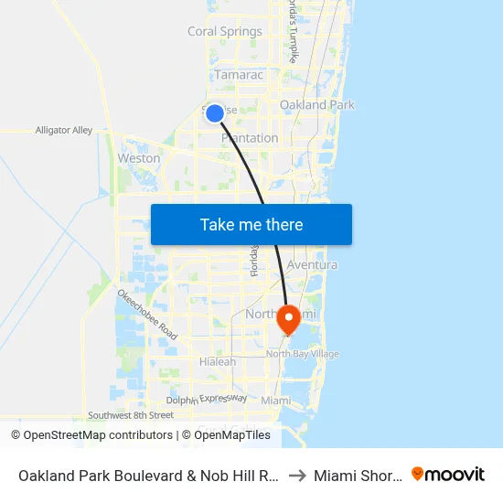 Oakland Park Boulevard & Nob Hill Road to Miami Shores map