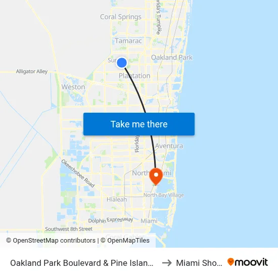 Oakland Park Boulevard & Pine Island Road to Miami Shores map