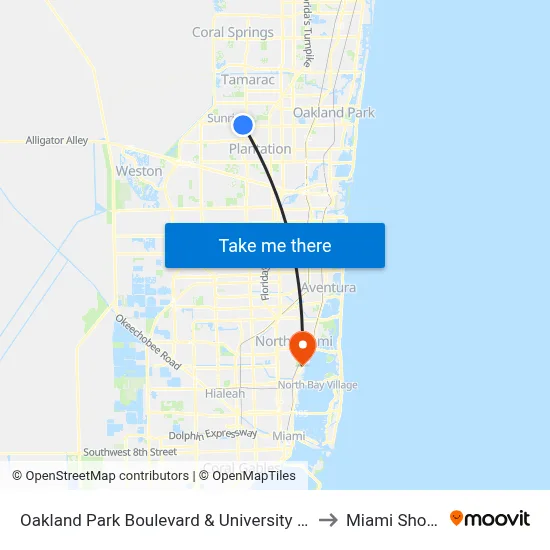 Oakland Park Boulevard & University Drive to Miami Shores map