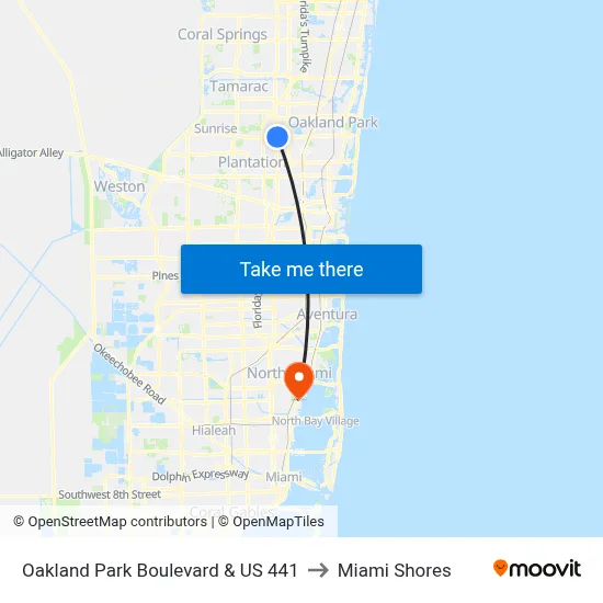 Oakland Park Boulevard & US 441 to Miami Shores map