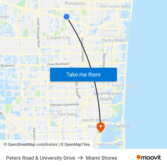 Peters Road & University Drive to Miami Shores map